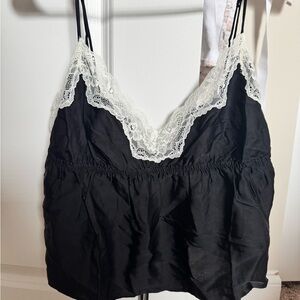 Aerie Satin Black Lace Trim Cami Top with open back Size small